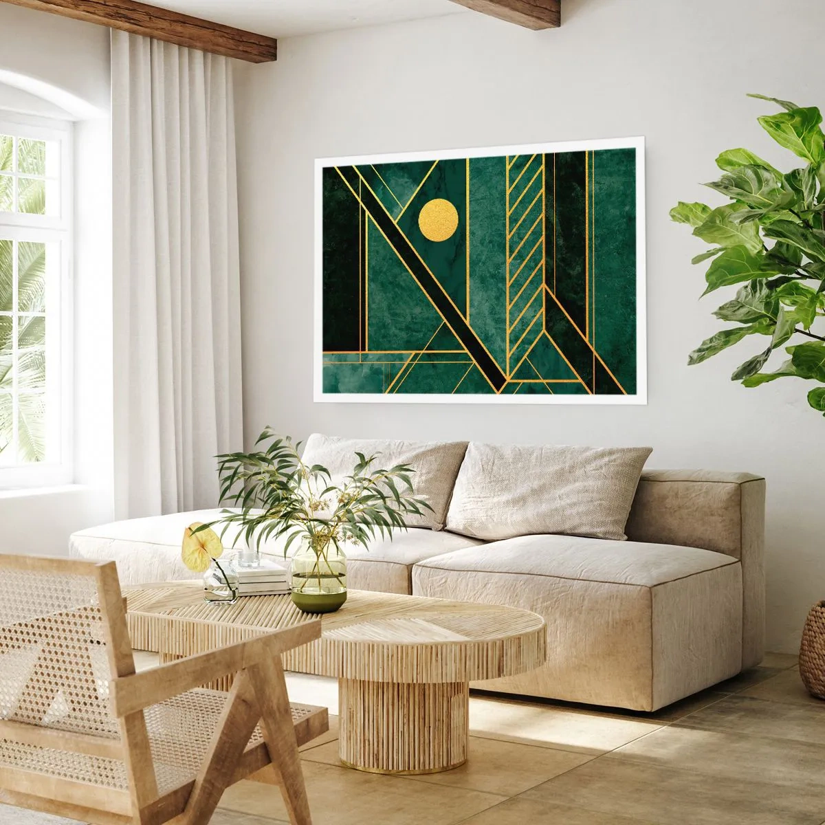Plakat - Geometria w zieleni i złocie z eleganckim wzorem - 100x70cm - Dynamika złota i lazuru - Nowoczesna dekoracja ścienna do salonu i sypialni ARTTOR