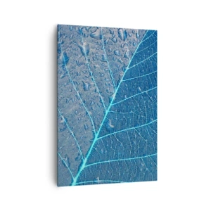 Obraz na płótnie - Liść w błękitnych odcieniach z kroplami wody - 70x100cm - Życie w błękicie - Nowoczesna dekoracja ścienna do salonu i sypialni ARTTOR