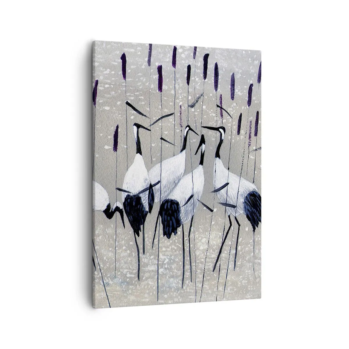 Obraz na płótnie - Grupa żurawi wśród trzcin w subtelnej kolorystyce - 50x70cm - Wśród swoich - Nowoczesna dekoracja ścienna do salonu, kuchni i sypialni ARTTOR