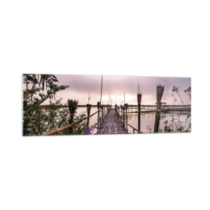 Obraz na szkle - Bambusowy most na wodzie o świcie - 160x50cm - Spokój i cisza Azji - Nowoczesna dekoracja ścienna do salonu i sypialni ARTTOR