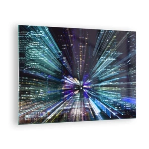 Obraz na szkle - Dynamiczne linie świetlne na tle nocnego miasta - 70x50cm - Przejście w nadprzestrzeń - Nowoczesna dekoracja ścienna do salonu i sypialni ARTTOR