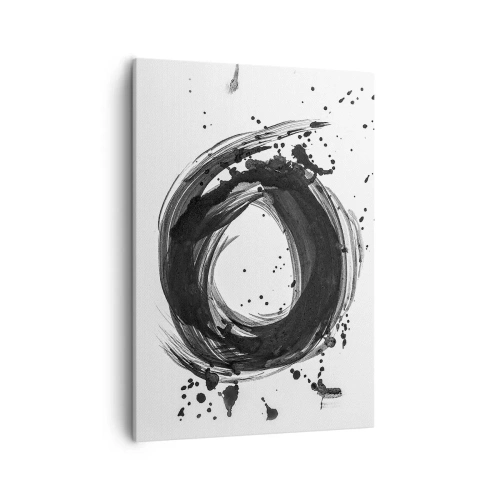 Obraz na płótnie - Abstrakcyjna kompozycja z dynamicznym czarnym okręgiem na białym tle - 50x70cm - Wir tworzenia - Nowoczesna dekoracja ścienna do salonu, kuchni i sypialni ARTTOR