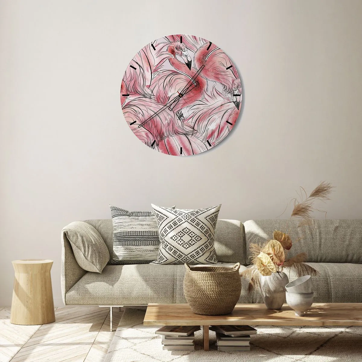 Zegar ścienny - Różowe flamingi w dynamicznej, artystycznej kompozycji - 30x30cm - Ptasi corps de ballet - Nowoczesna dekoracja ścienna do salonu, kuchni i sypialni ARTTOR