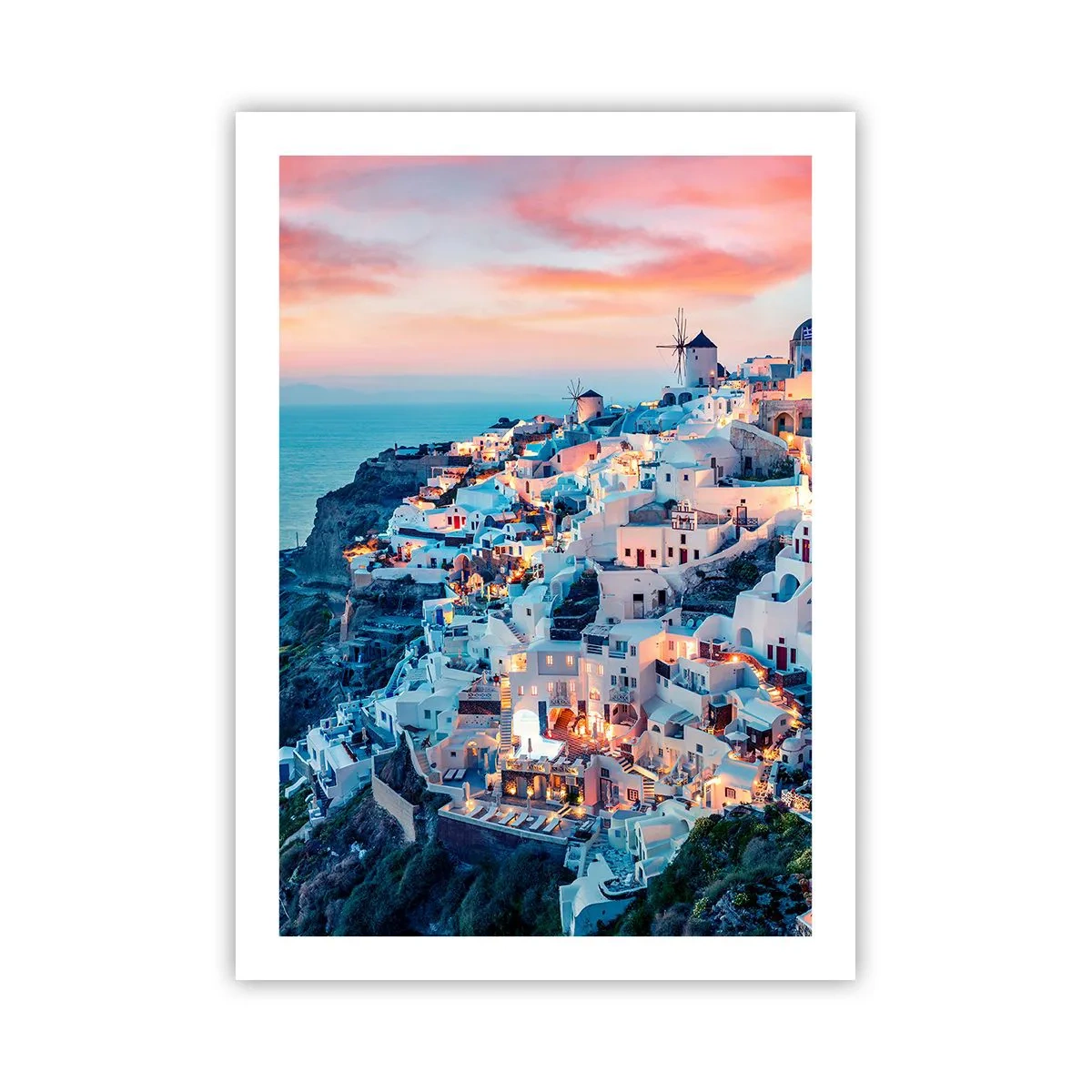 Plakat - Malowniczy widok na oświetlone domy na Santorini o zachodzie słońca - 50x70cm - Twoje wielkie greckie wakacje - Nowoczesna dekoracja ścienna do salonu, kuchni i sypialni ARTTOR