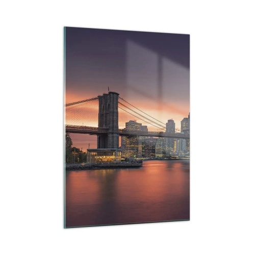 Obraz na szkle - Most Brooklyn o zachodzie słońca - 50x70cm - Zatopione w  liliowej ciszy - Nowoczesna dekoracja ścienna do salonu, kuchni i sypialni ARTTOR
