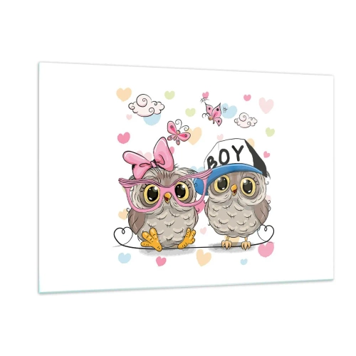 Obraz na szkle - Para wesołych sówek w pastelowej kompozycji - 120x80cm - Kochajmy się! - Nowoczesna dekoracja ścienna do salonu, kuchni i sypialni ARTTOR