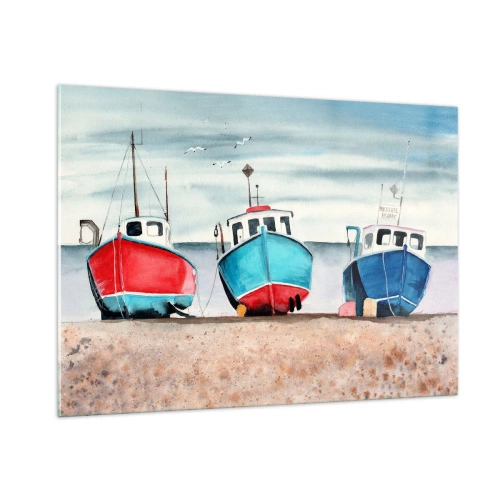 Obraz na szkle - Trzy kolorowe łodzie rybackie na brzegu morza - 100x70cm - Gotowe na połów - Nowoczesna dekoracja ścienna do salonu, kuchni i sypialni ARTTOR