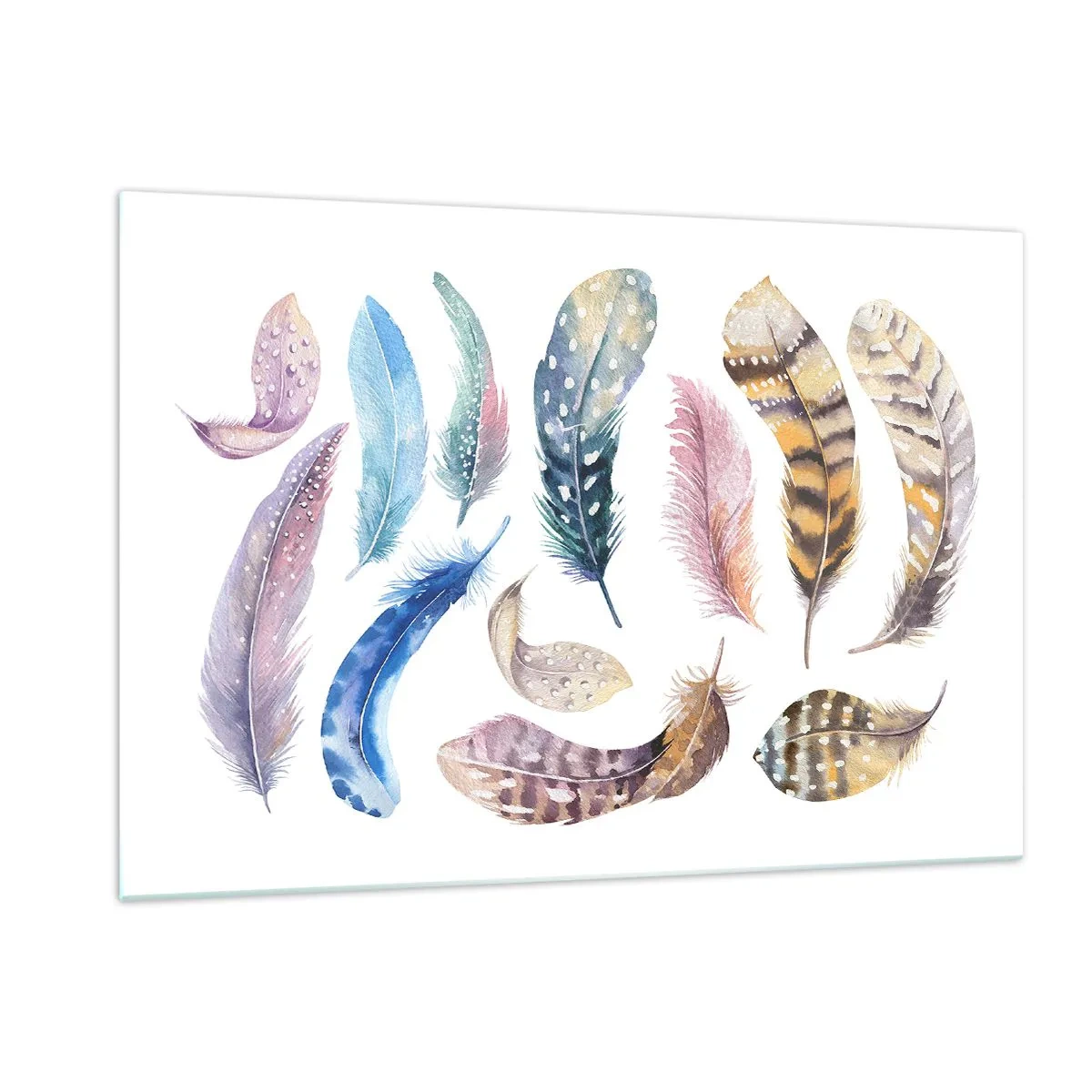Obraz na szkle - Kolorowe pióra w artystycznym stylu na białym tle - 120x80cm - Lekkie, pstrokate i wielobarwne - Nowoczesna dekoracja ścienna do salonu, kuchni i sypialni ARTTOR
