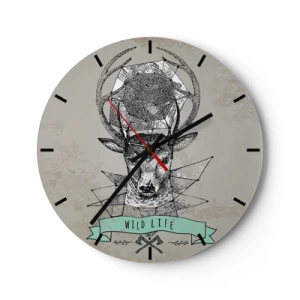Zegar ścienny - Geometryczny jeleń z napisem Wild Life na szarym tle - 30x30cm - Widzenie św. Hubertusa - Nowoczesna dekoracja ścienna do salonu, kuchni i sypialni ARTTOR