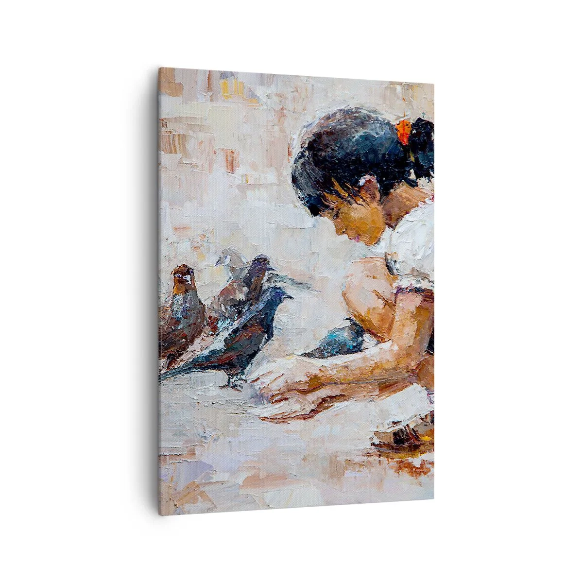 Obraz na płótnie - Dziewczynka karmiąca ptaki w malarskim stylu - 70x100cm - Maluczcy i najmilsi - Nowoczesna dekoracja ścienna do salonu i sypialni ARTTOR