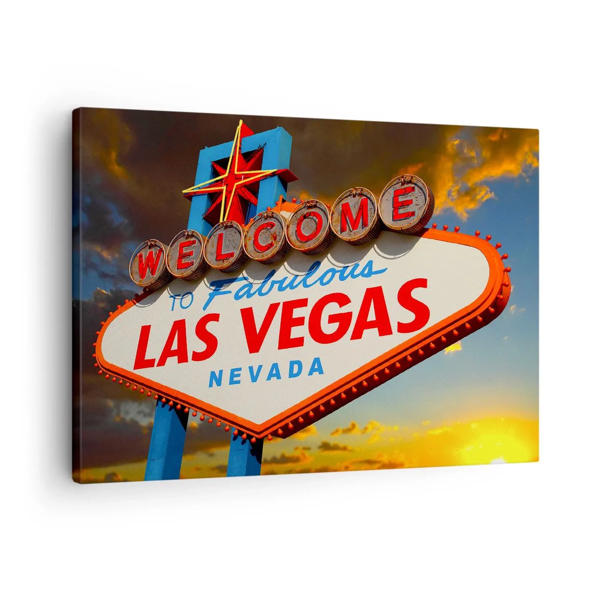 Obraz na płótnie - Słynny znak Welcome to Fabulous Las Vegas o zachodzie słońca - 70x50cm - Po uśmiech losu - Nowoczesna dekoracja ścienna do salonu i sypialni ARTTOR