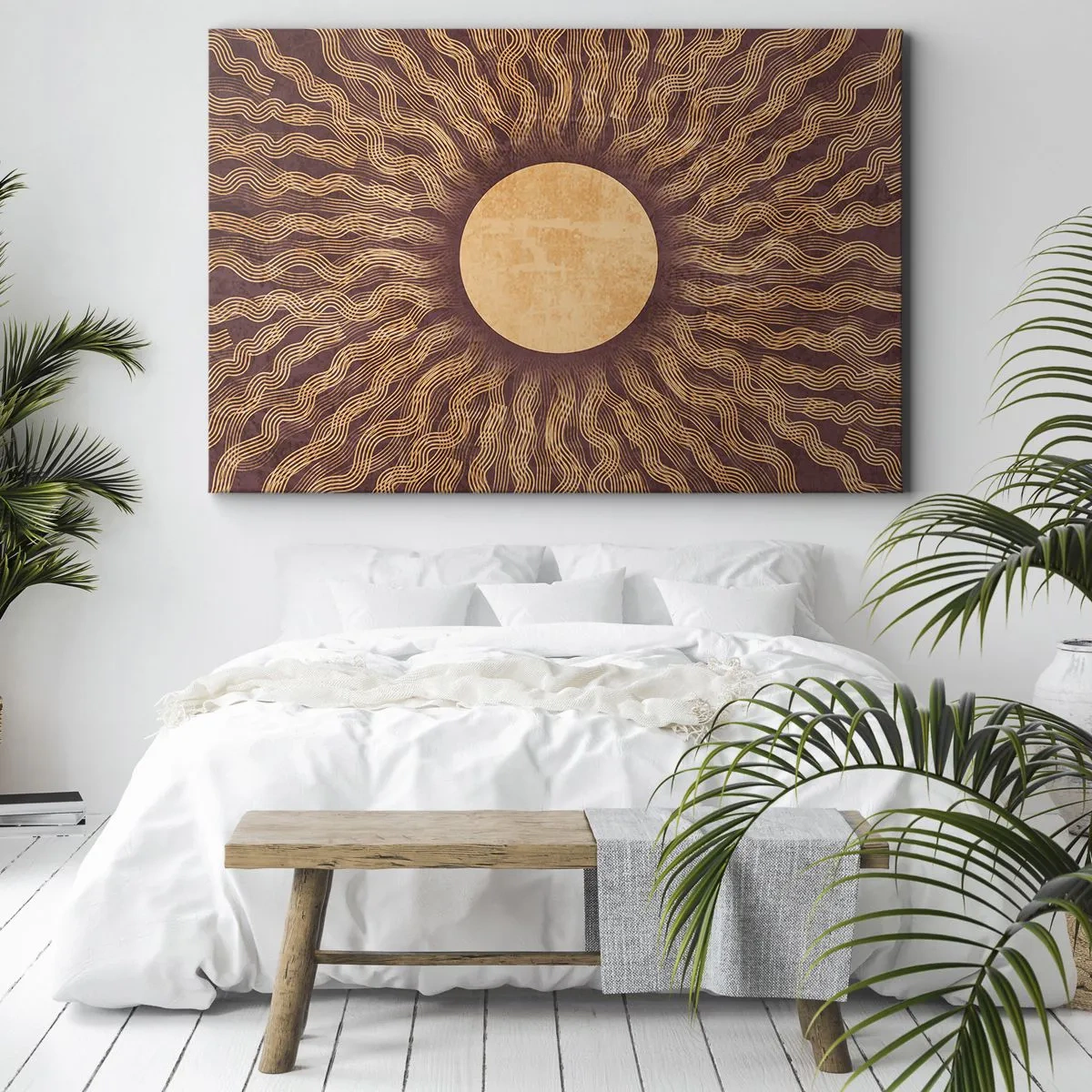 Obraz na płótnie - Słoneczny wzór z promieniami na tle w odcieniach brązu - 70x50cm - Ikona słońca - Nowoczesna dekoracja ścienna do salonu i sypialni ARTTOR