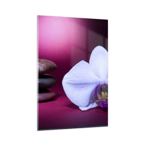 Obraz na szkle - Biała orchidea i kamienie na różowym tle - 80x120cm - Studium świeżości w fiolecie - Nowoczesna dekoracja ścienna do salonu i sypialni ARTTOR