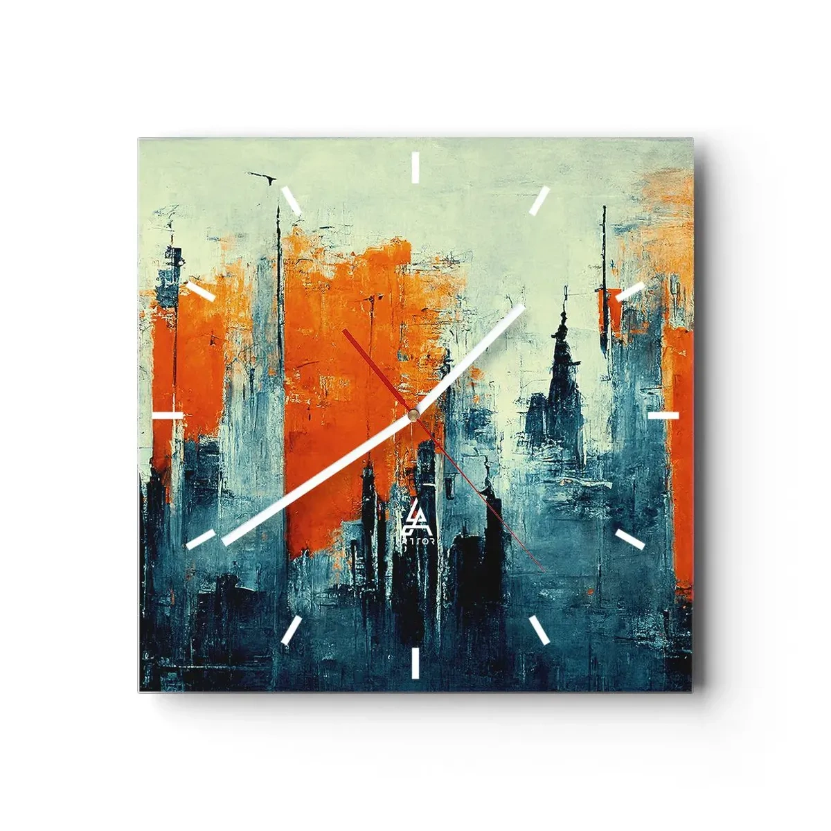 Zegar ścienny - Abstrakcyjny pejzaż miejski w odcieniach pomarańczu i błękitu - 30x30cm - Pejzaż nowoczesny - Nowoczesna dekoracja ścienna do salonu i sypialni ARTTOR