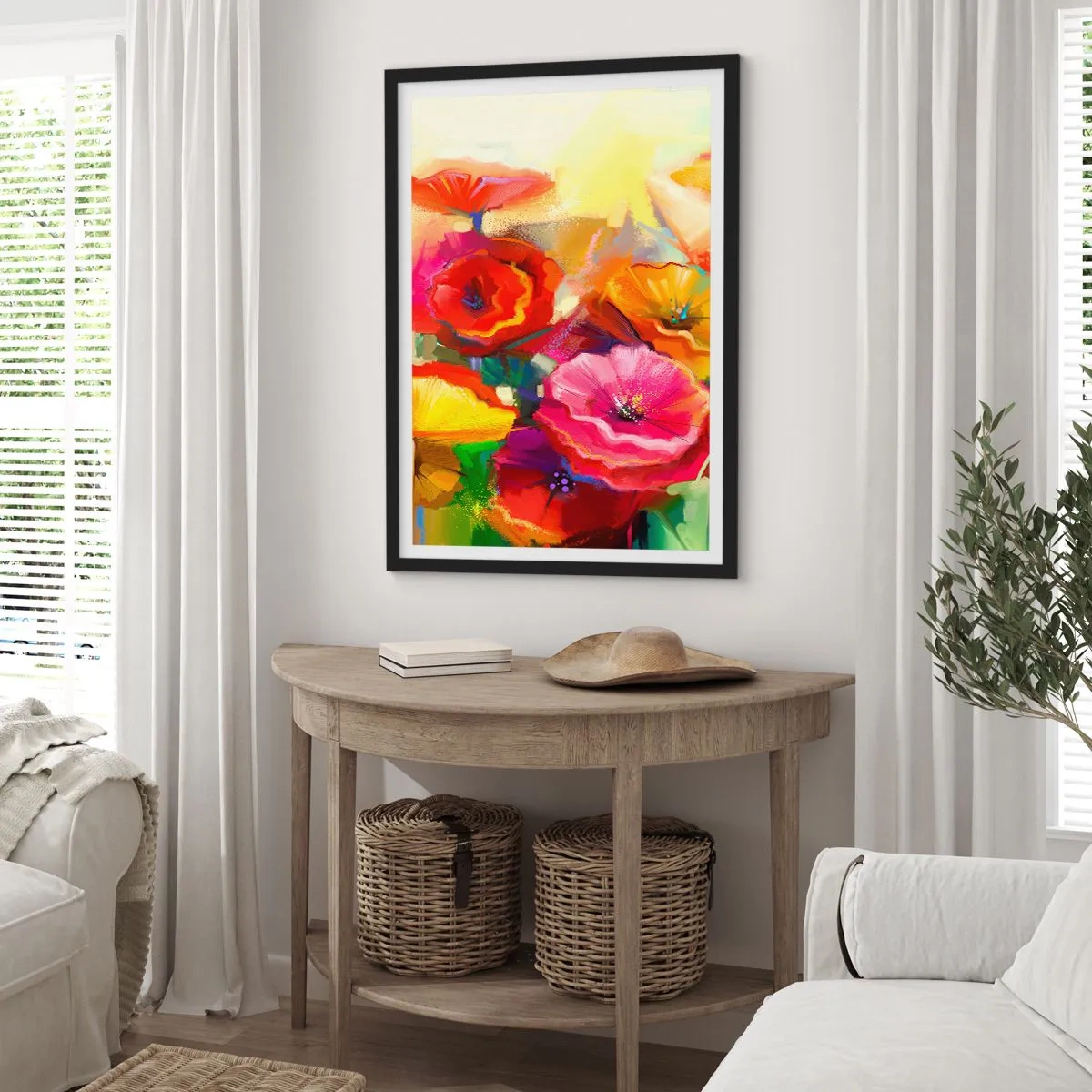 Plakat w czarnej ramie - Kolorowe maki na abstrakcyjnym tle - 50x70cm - Nie tylko czerwone - Nowoczesna dekoracja ścienna do salonu i sypialni ARTTOR