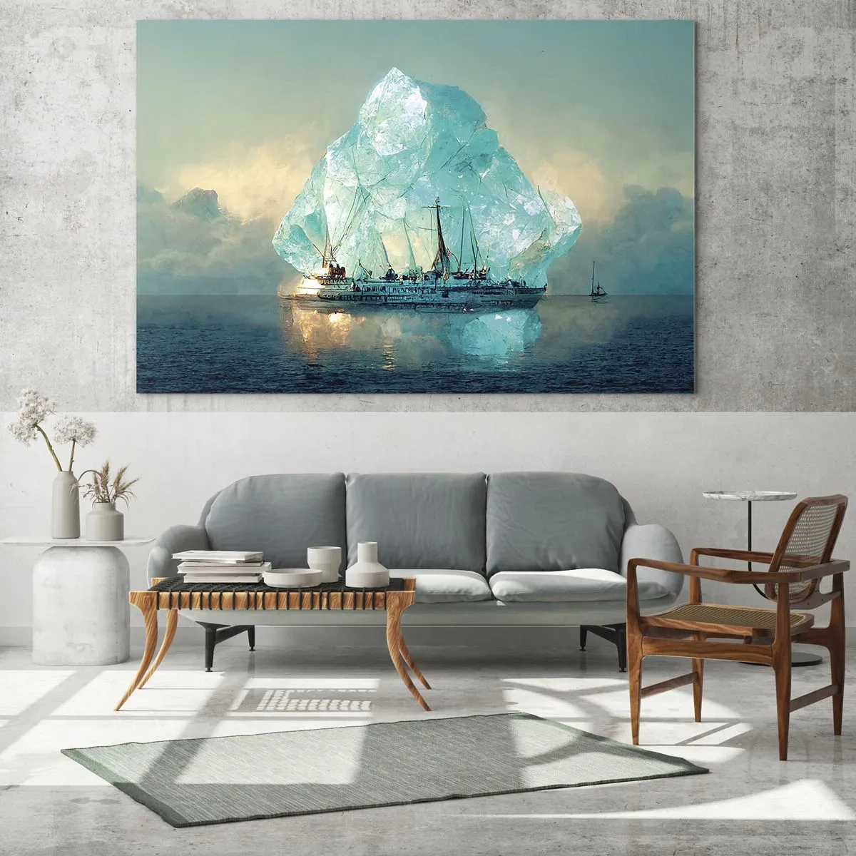 Obraz na szkle - Statek żaglowy przed ogromnym lodowcem w arktycznym świetle - 70x50cm - Arktyczny brylant - Nowoczesna dekoracja ścienna do salonu i sypialni ARTTOR