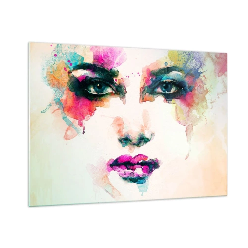 Obraz na szkle - Portret kobiety w akwarelowych barwach i detalach - 100x70cm - Portret malowany tęczą - Nowoczesna dekoracja ścienna do salonu, kuchni i sypialni ARTTOR