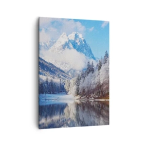 Obraz na płótnie - Zimowy krajobraz górski z ośnieżonymi drzewami i jeziorem - 50x70cm - Śnieżna straż - Nowoczesna dekoracja ścienna do salonu, kuchni i sypialni ARTTOR