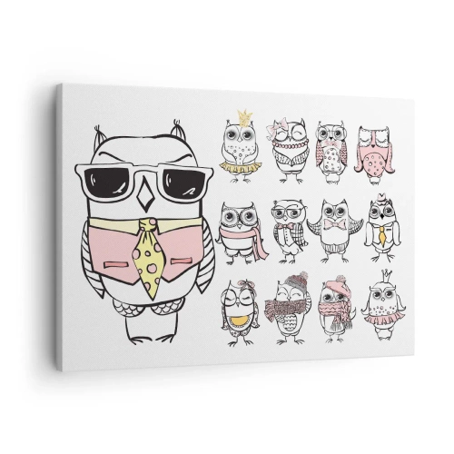 Obraz na płótnie - Sowy w różnych stylach i ubraniach - 70x50cm - Tyle ról do zagrania - Nowoczesna dekoracja ścienna do salonu i sypialni ARTTOR