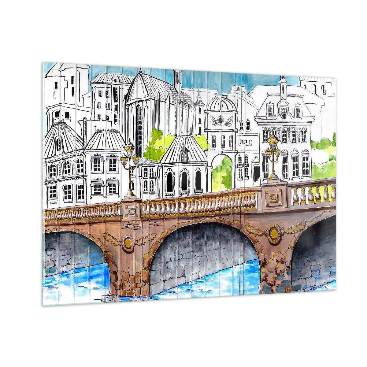 Obraz na szkle - Most i architektura miejskiej zabudowy w formie szkicu akwarelowego - 100x70cm - Miasto jak malowane - Nowoczesna dekoracja ścienna do salonu, kuchni i sypialni ARTTOR