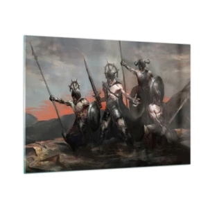 Obraz na szkle - Wojownicy z włóczniami i tarczami na tle czerwonego nieba - 100x70cm - Z tarczą lub na tarczy - Nowoczesna dekoracja ścienna do salonu, kuchni i sypialni ARTTOR