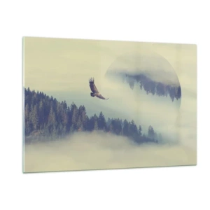 Obraz na szkle - Orzeł w locie nad lasem spowitym mgłą z surrealistycznym odbiciem - 120x80cm - Widziałam orła cień - Nowoczesna dekoracja ścienna do salonu, kuchni i sypialni ARTTOR