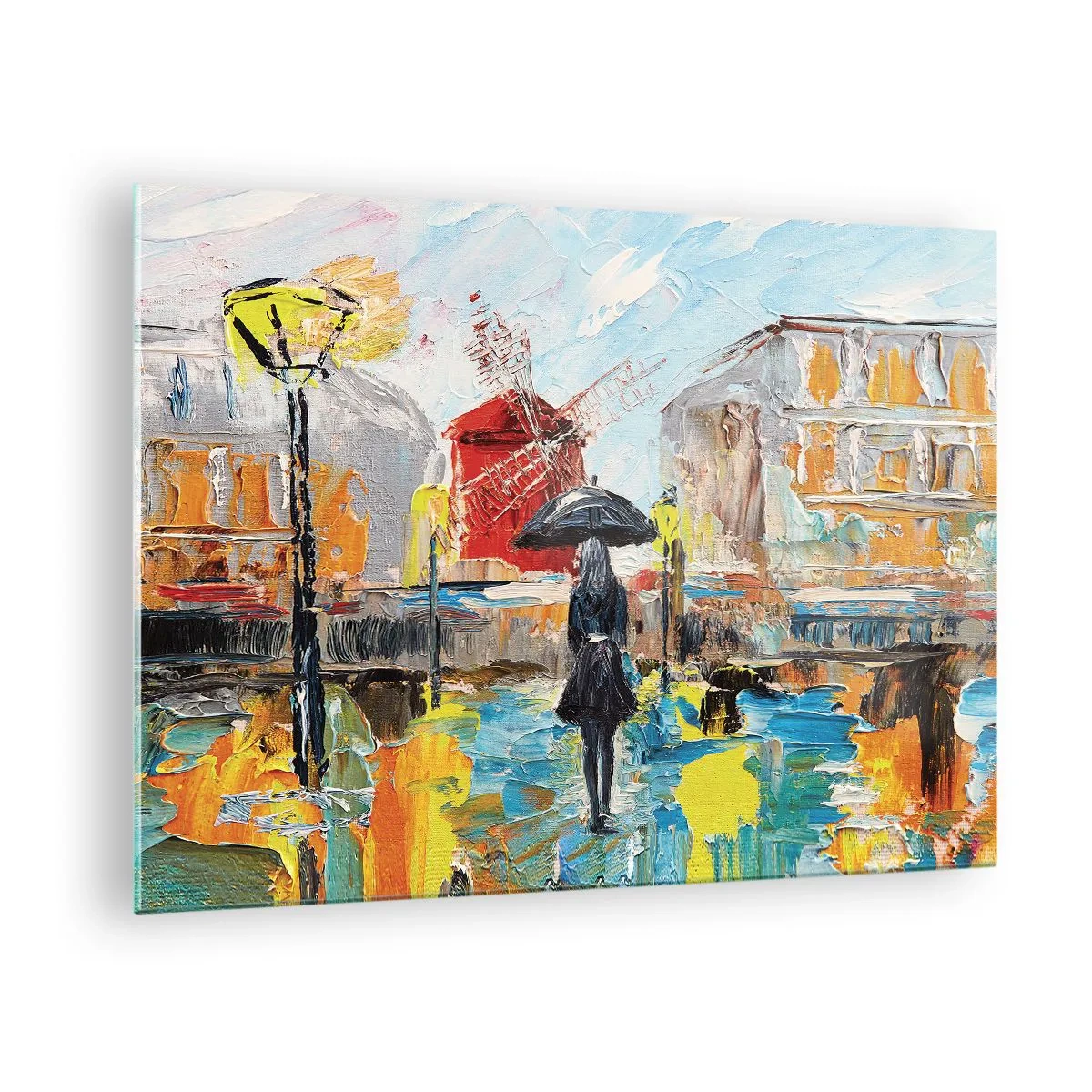 Obraz na szkle - Kobieta z parasolem na tle miasta w stylu impresji - 70x50cm - Paryskie legendy - Nowoczesna dekoracja ścienna do salonu i sypialni ARTTOR