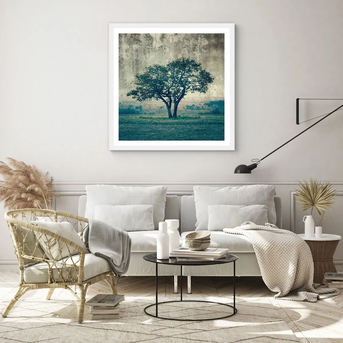 Plakat w białej ramie - Jabłoń na błękitnym błoniu? - 60x60 cm