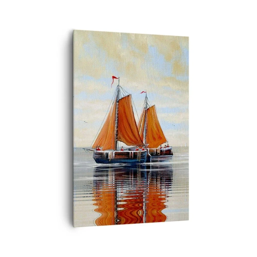 Obraz na płótnie - Dwumasztowe żaglówki na spokojnej wodzie - 80x120cm - Hej, żeglujże, żeglarzu… - Nowoczesna dekoracja ścienna do salonu i sypialni ARTTOR