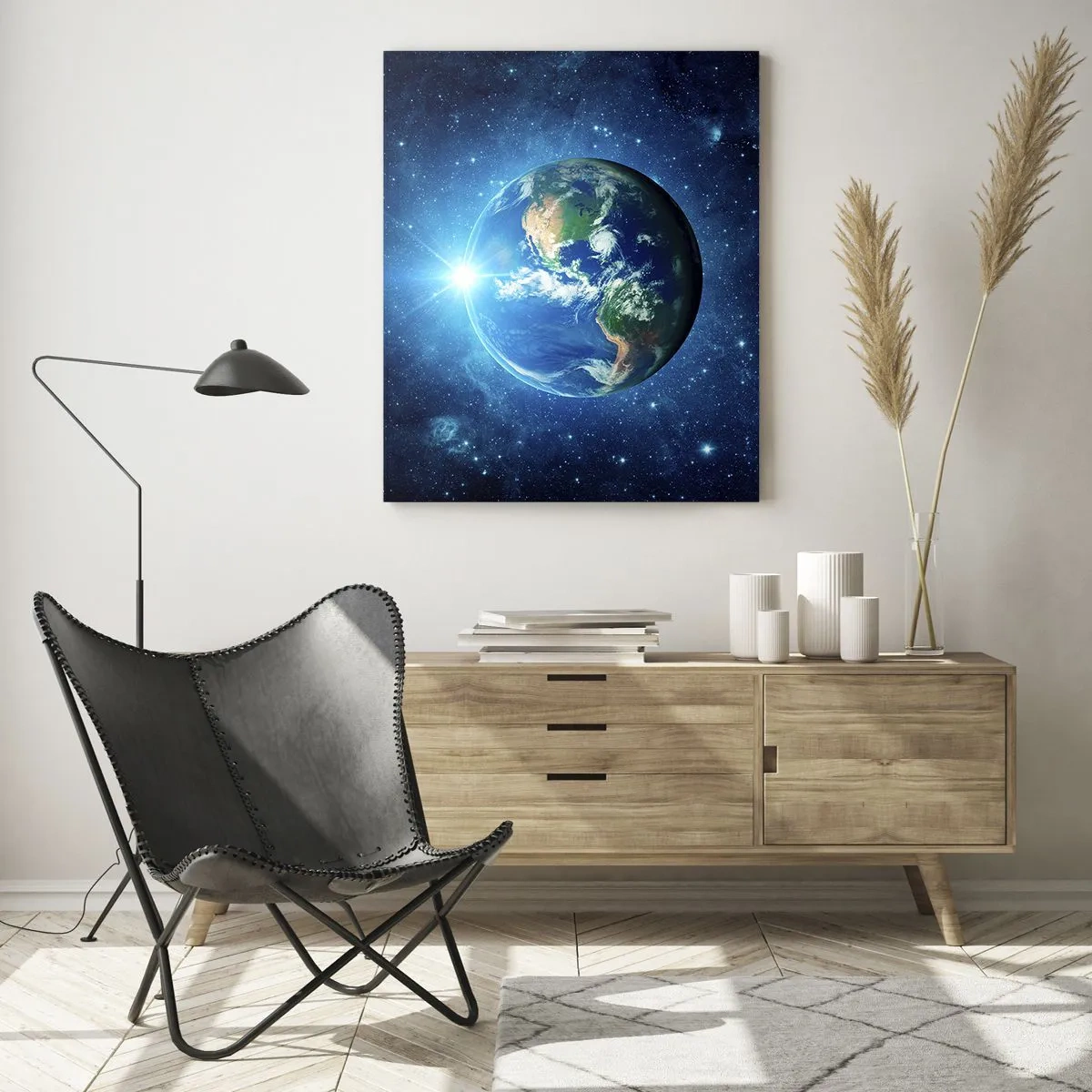 Obraz na szkle - Ziemia w kosmosie otoczona gwiazdami i światłem - 70x100cm - Jesteśmy w niebie - Nowoczesna dekoracja ścienna do salonu i sypialni ARTTOR