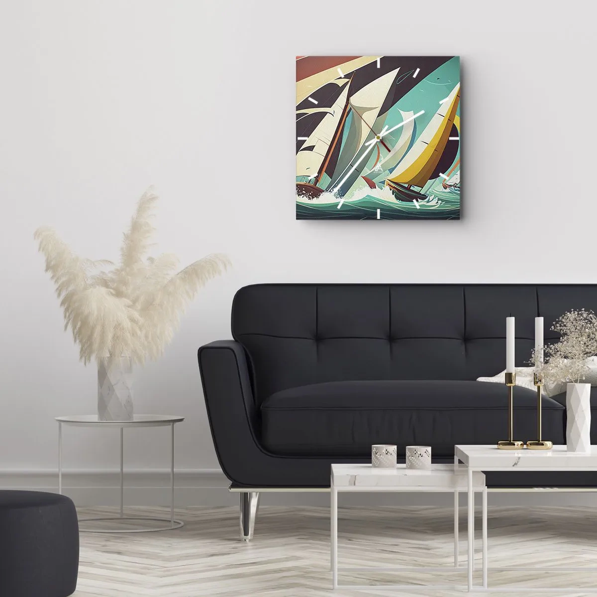Zegar ścienny - Dynamiczna ilustracja żaglówek na wzburzonym morzu - 30x30cm - Z żywiołami za pan brat - Nowoczesna dekoracja ścienna do salonu i sypialni ARTTOR
