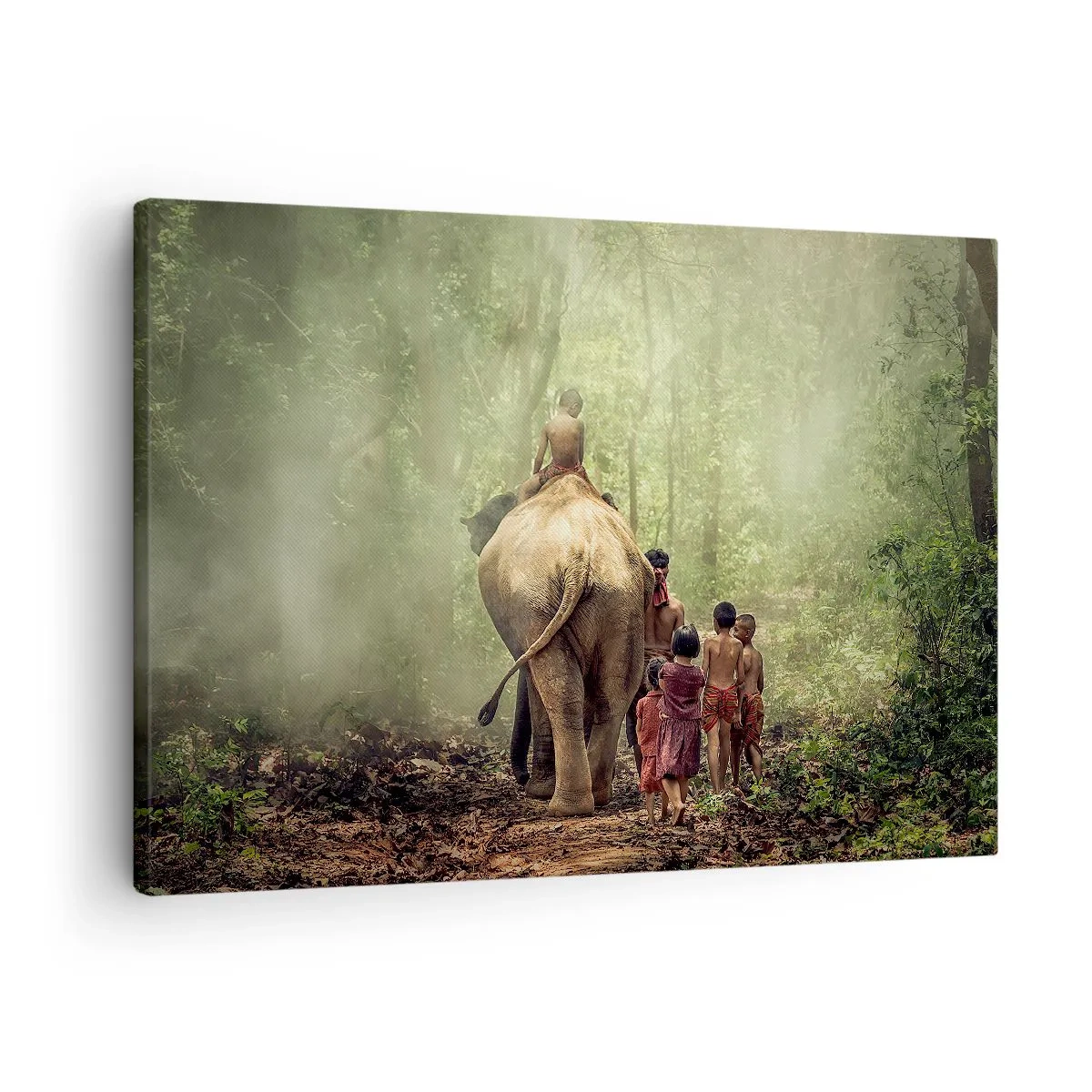 Obraz na płótnie - Dzieci z słoniem w zielonym lesie w świetle poranka - 70x50cm - Nowa Księga Dżungli - Nowoczesna dekoracja ścienna do salonu i sypialni ARTTOR