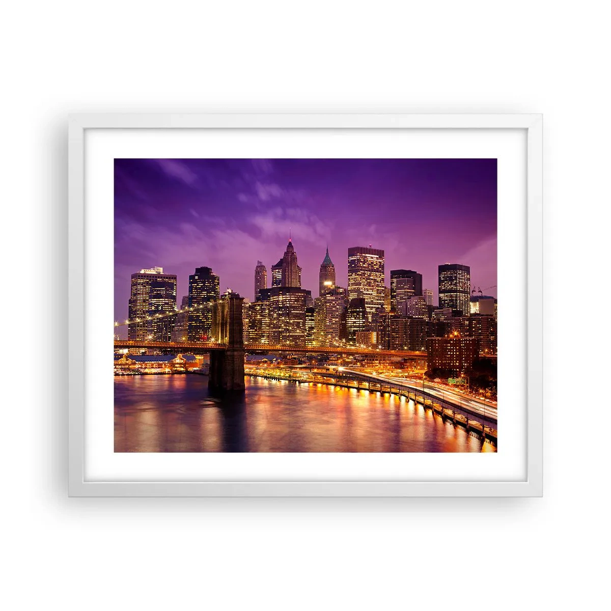 Plakat w białej ramie - Fioletowo-złoty Manhathann - 50x40 cm