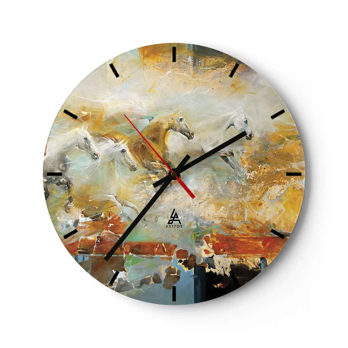 Zegar ścienny - Abstrakcyjne konie w dynamicznym ruchu - 30x30cm - Galopem przez światło - Nowoczesna dekoracja ścienna do salonu, kuchni i sypialni ARTTOR