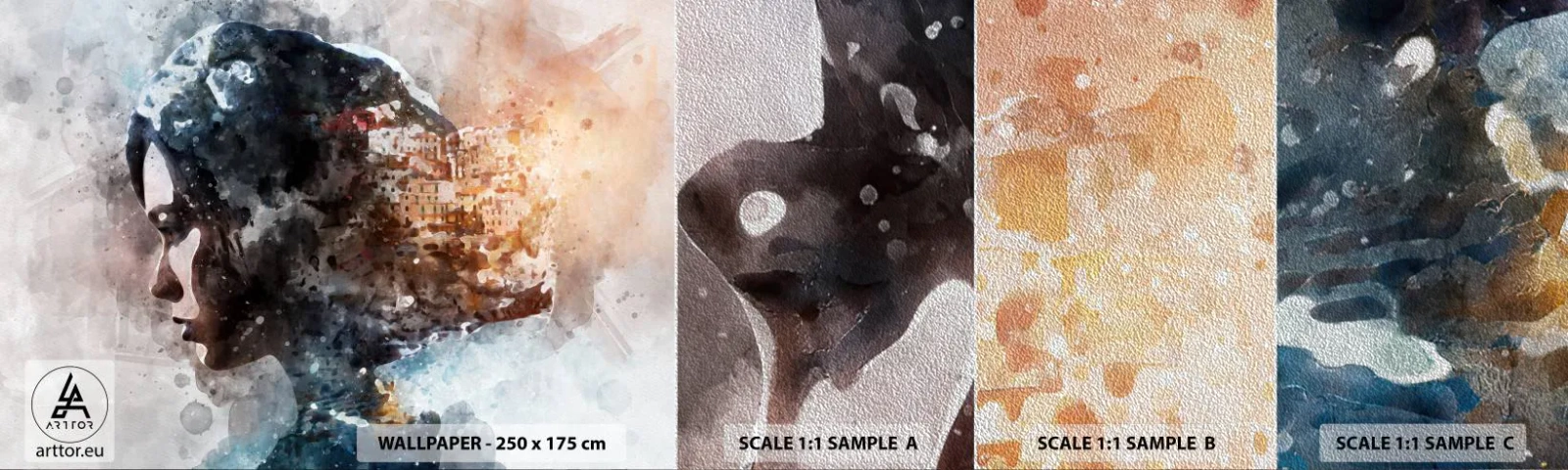 Fototapeta Próbka Premium Sand - Opowieść o dziewczynie z miastem w tle - Abstrakcja, Kobieta, Architektura - 100x30 cm