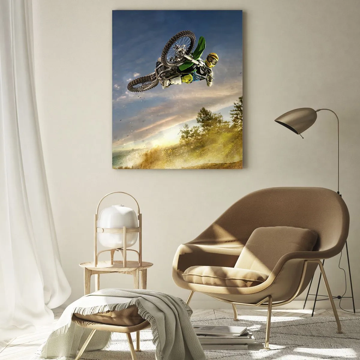 Obraz na szkle - Motocyklista w dynamicznym skoku - 70x100cm - Włącz emocje! - Nowoczesna dekoracja ścienna do salonu i sypialni ARTTOR