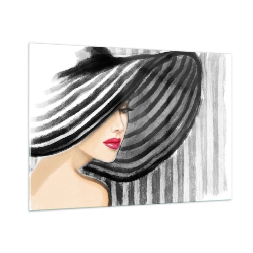 Obraz na szkle - Stylowa kobieta w kapeluszu w biało-czarne paski - 100x70cm - Gdzie ciebie szukać? - Nowoczesna dekoracja ścienna do salonu, kuchni i sypialni ARTTOR