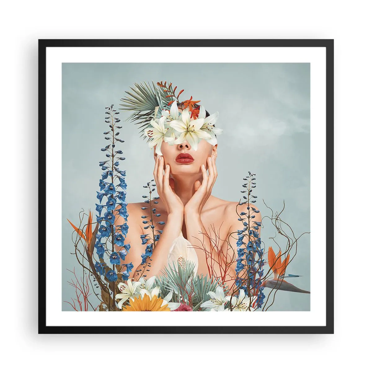 Plakat w czarnej ramie - Kobieta – kwiat - 60x60 cm