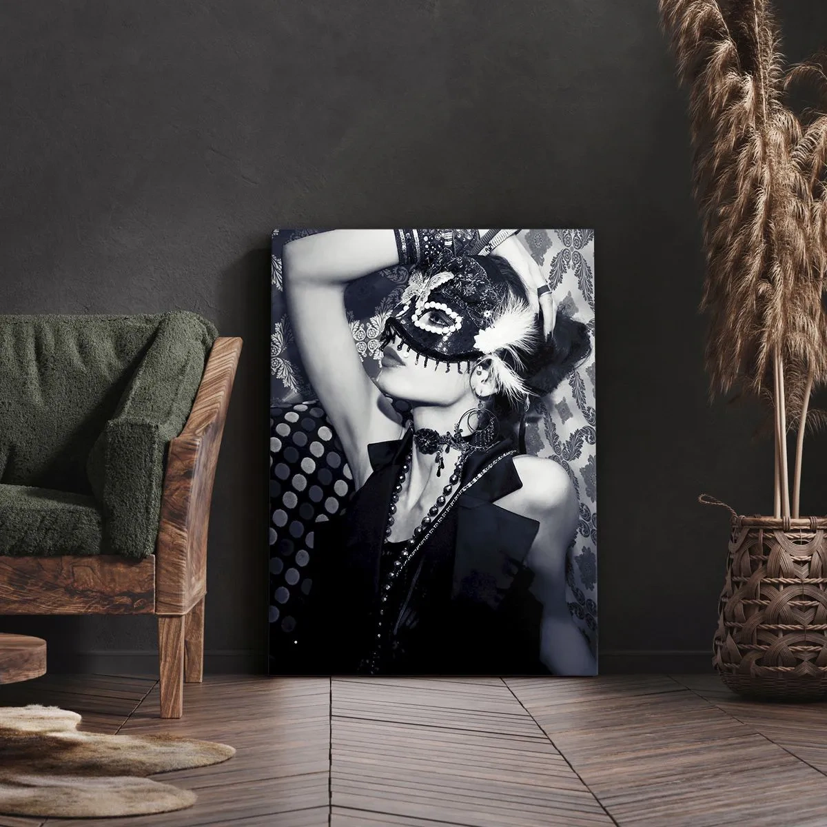 Obraz na płótnie - Kobieta w masce weneckiej na tle ozdobnych wzorów - 80x120cm - Dekoracje, ozdoby, desenie... - Nowoczesna dekoracja ścienna do salonu i sypialni ARTTOR