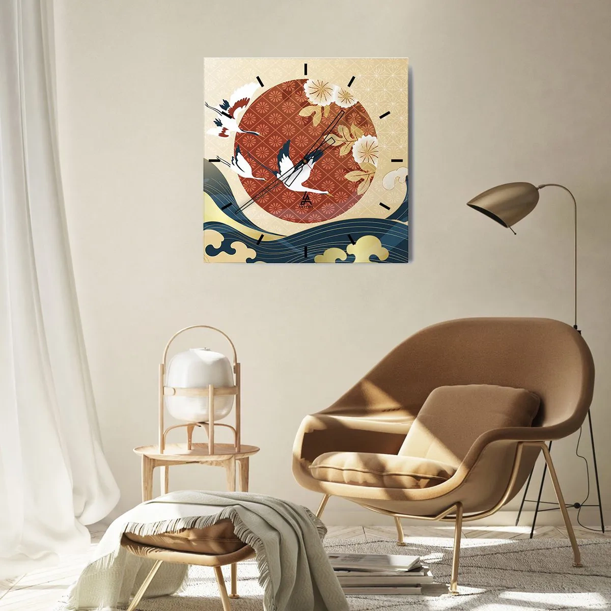 Zegar ścienny - Japońska kompozycja z żurawiami i falami - 30x30cm - Japońska baśń - Nowoczesna dekoracja ścienna do salonu i sypialni ARTTOR