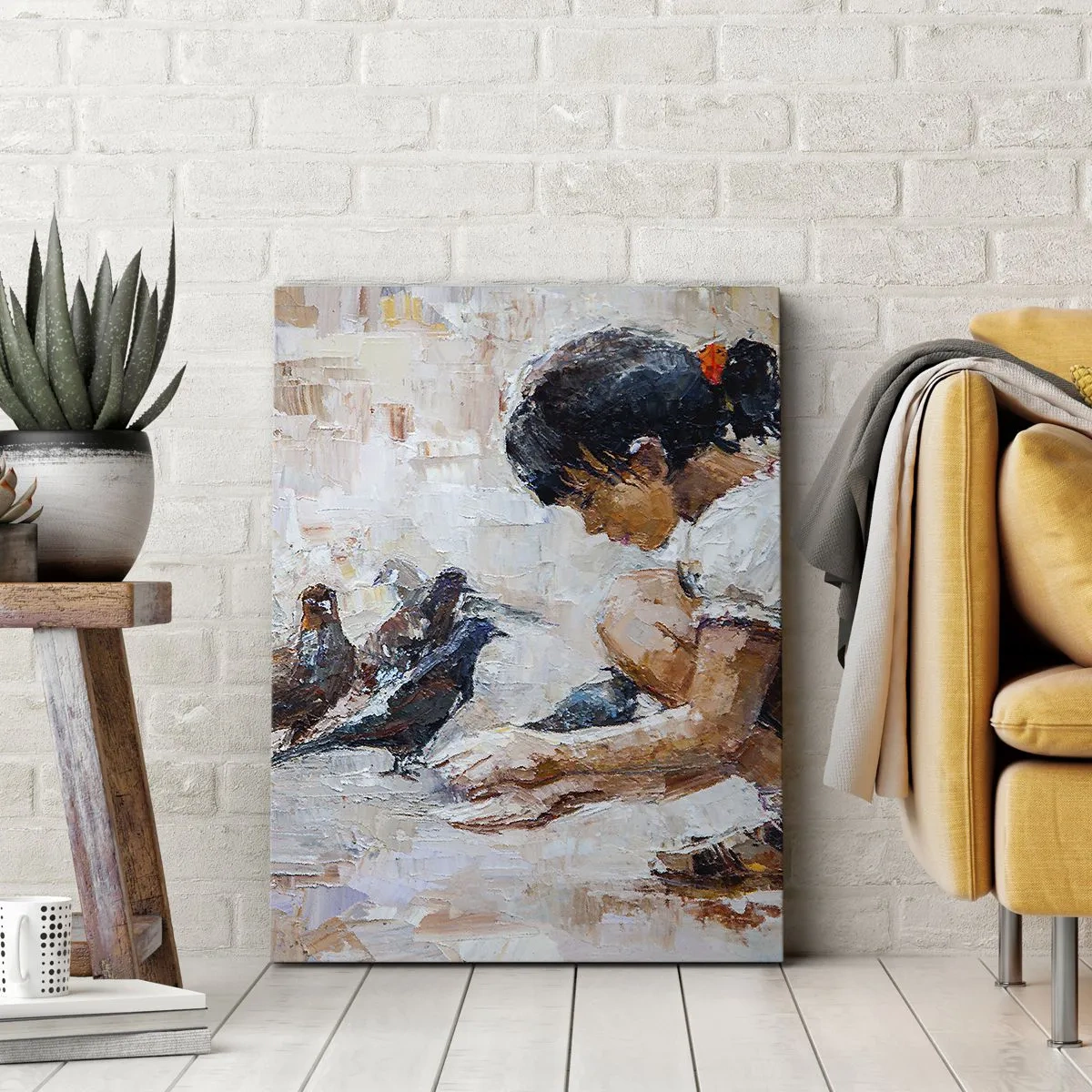 Obraz na płótnie - Dziewczynka karmiąca ptaki w malarskim stylu - 50x70cm - Maluczcy i najmilsi - Nowoczesna dekoracja ścienna do salonu, kuchni i sypialni ARTTOR