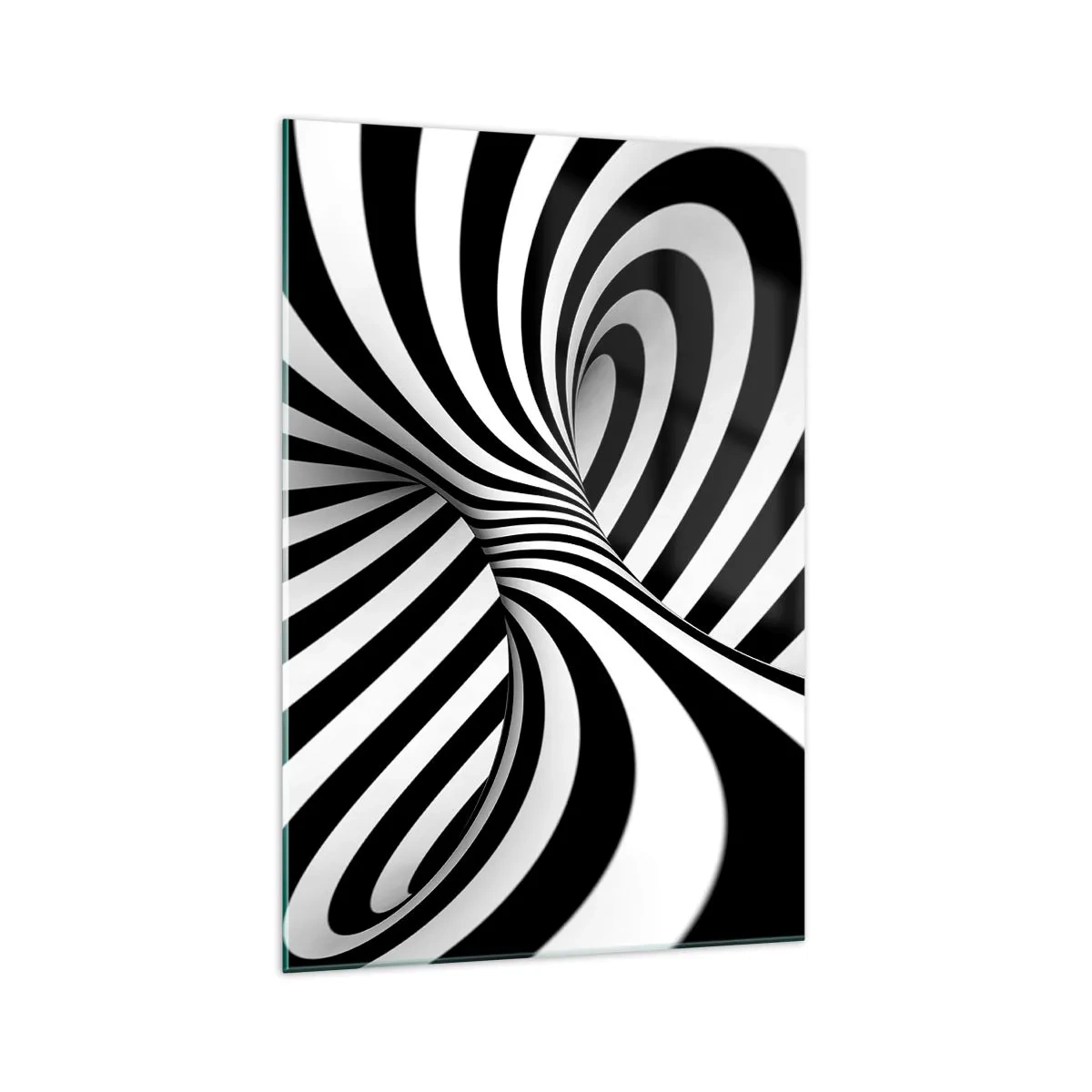 Obraz na szkle - Abstrakcyjny tunel z czarno-białymi pasami w spirali - 70x100cm - Kompozycja: tańcząca przestrzeń - Nowoczesna dekoracja ścienna do salonu i sypialni ARTTOR