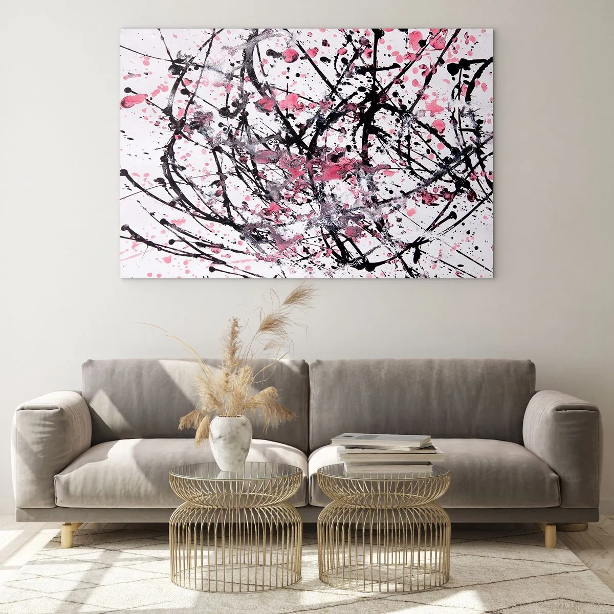 Obraz na szkle - Dynamiczne abstrakcyjne linie i różowe plamy na białym tle - 70x50cm - Ulotna natura życia - Nowoczesna dekoracja ścienna do salonu i sypialni ARTTOR