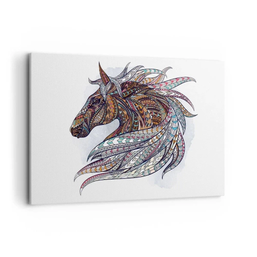 Obraz na płótnie - Geometryczny koń z kolorową grzywą pełną detali - 120x80cm - Rumak celtyckiego wojownika - Nowoczesna dekoracja ścienna do salonu, kuchni i sypialni ARTTOR