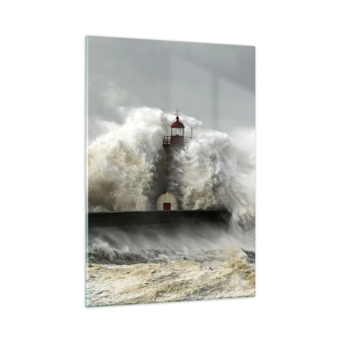 Obraz na szkle - Latarnia morska otoczona potężnymi falami - 50x70cm - Gniew oceanu - Nowoczesna dekoracja ścienna do salonu, kuchni i sypialni ARTTOR