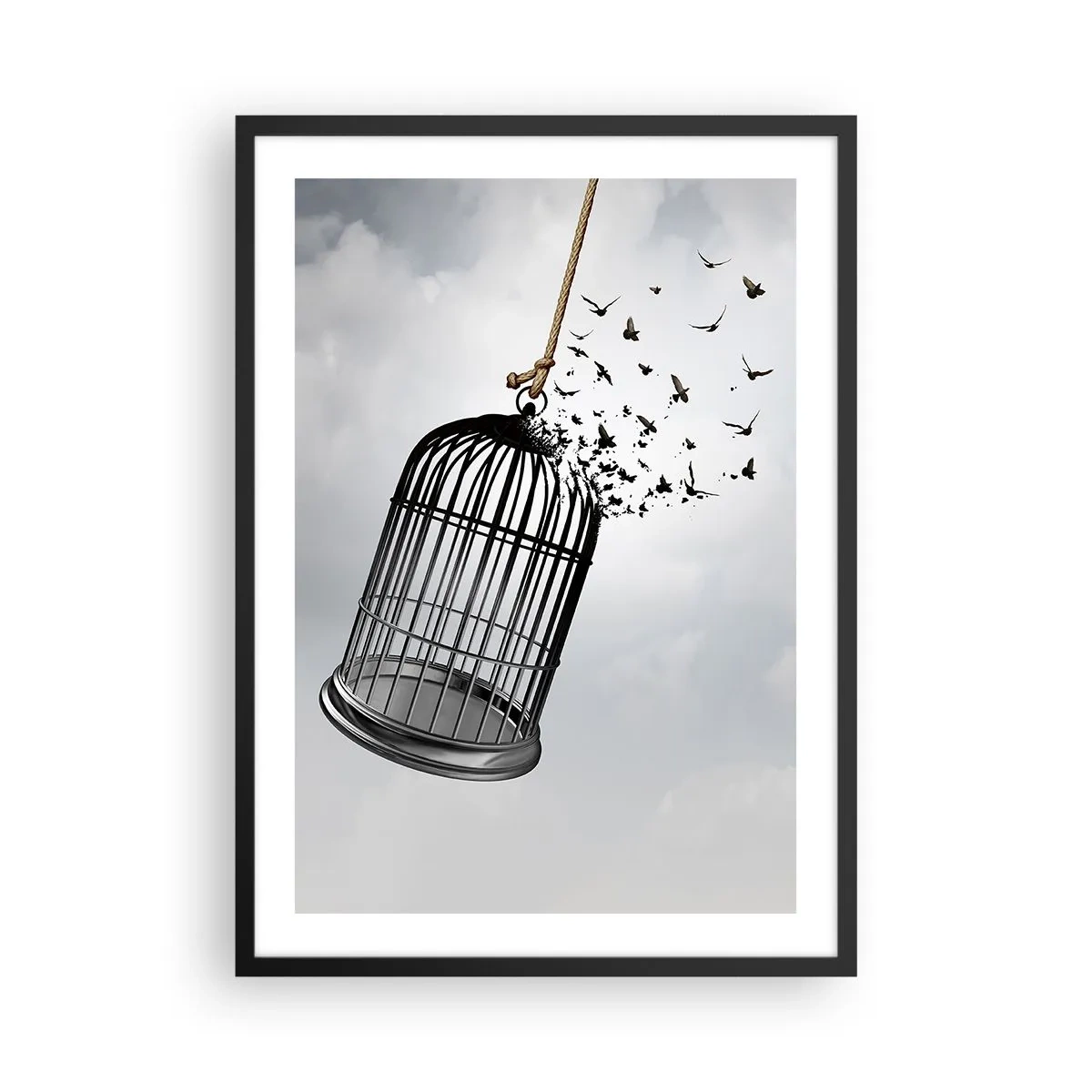 Plakat w czarnej ramie - Ptaki wylatujące z otwartej klatki na tle chmur - 50x70cm - Wiara...Nadzieja...Wolność! - Nowoczesna dekoracja ścienna do salonu i sypialni ARTTOR