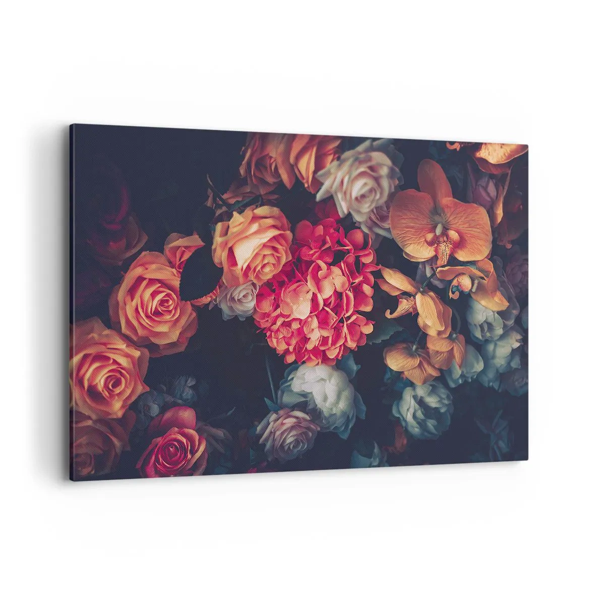 Obraz na płótnie - Bukiet różnorodnych kwiatów w ciemnej tonacji - 100x70cm - Jak u holenderskich mistrzów - Nowoczesna dekoracja ścienna do salonu, kuchni i sypialni ARTTOR