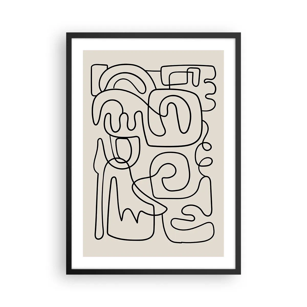 Plakat w czarnej ramie - Nowoczesna abstrakcja w formie czarnej linii na beżowym tle - 50x70cm - Po śladzie - Nowoczesna dekoracja ścienna do salonu i sypialni ARTTOR