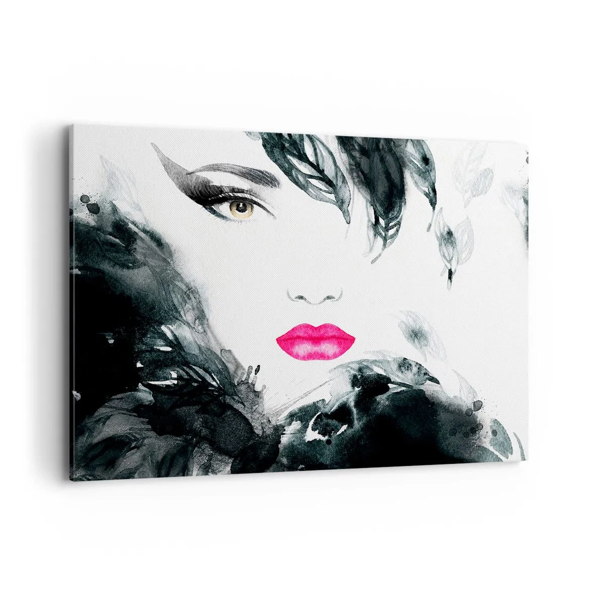 Obraz na płótnie - Artystyczny portret kobiety z intensywnie różowymi ustami - 100x70cm - Uwaga! Femme fatale - Nowoczesna dekoracja ścienna do salonu, kuchni i sypialni ARTTOR