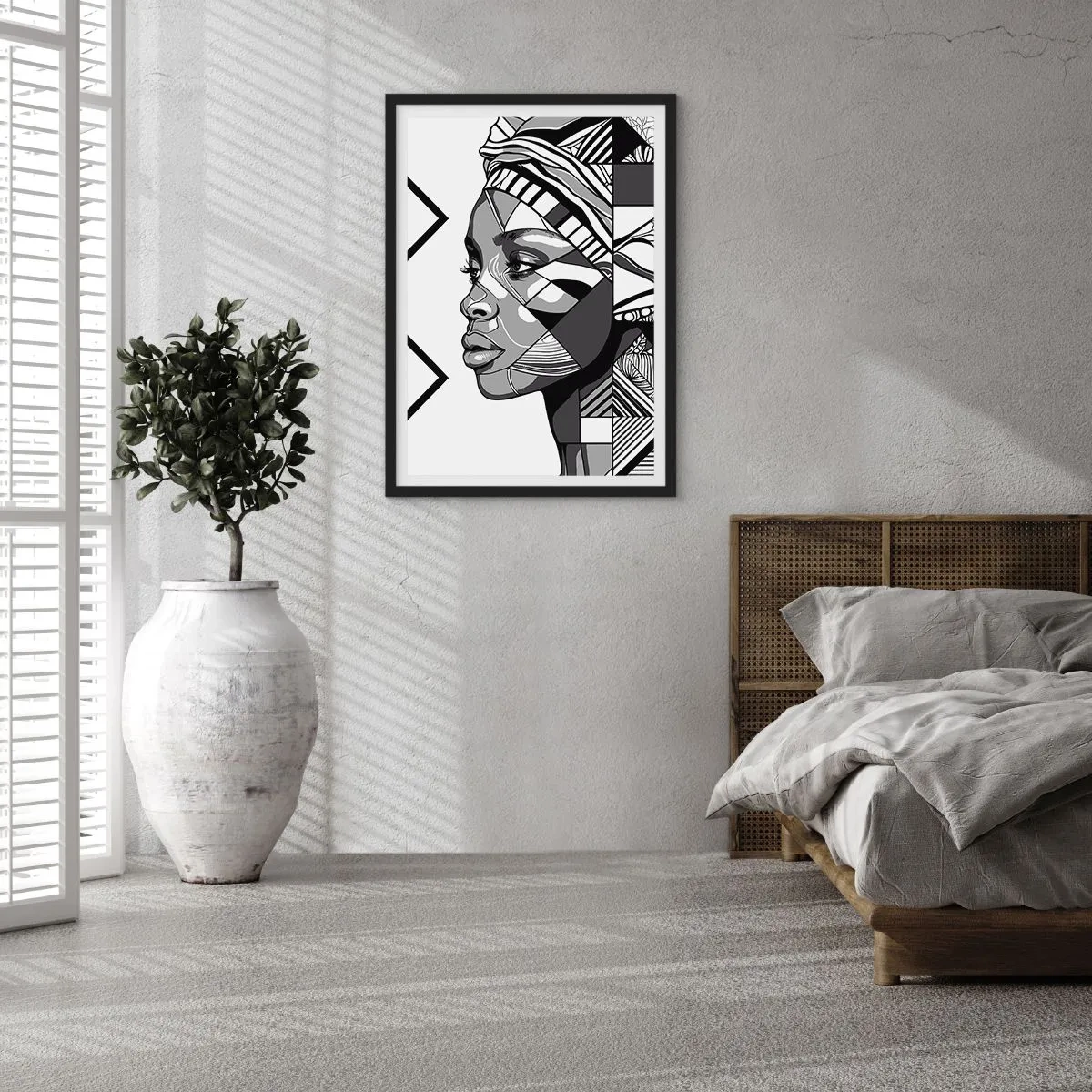 Plakat w czarnej ramie - Geometryczny portret kobiety w czerni i bieli - 50x70cm - Portret etniczny - Nowoczesna dekoracja ścienna do salonu i sypialni ARTTOR